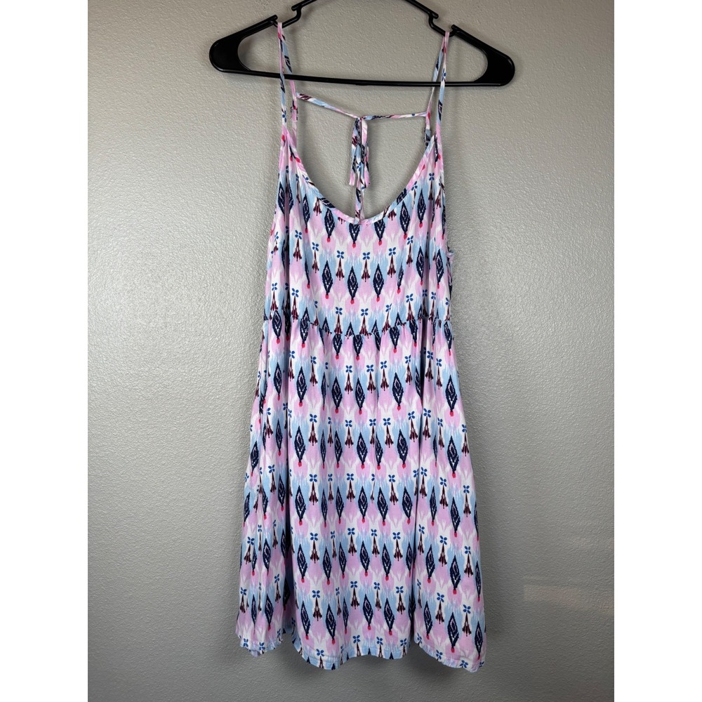 H&M Divided Pink Blue Ikat Diamond Babydoll Sundress Strappy Tie Back‎ Sz 12